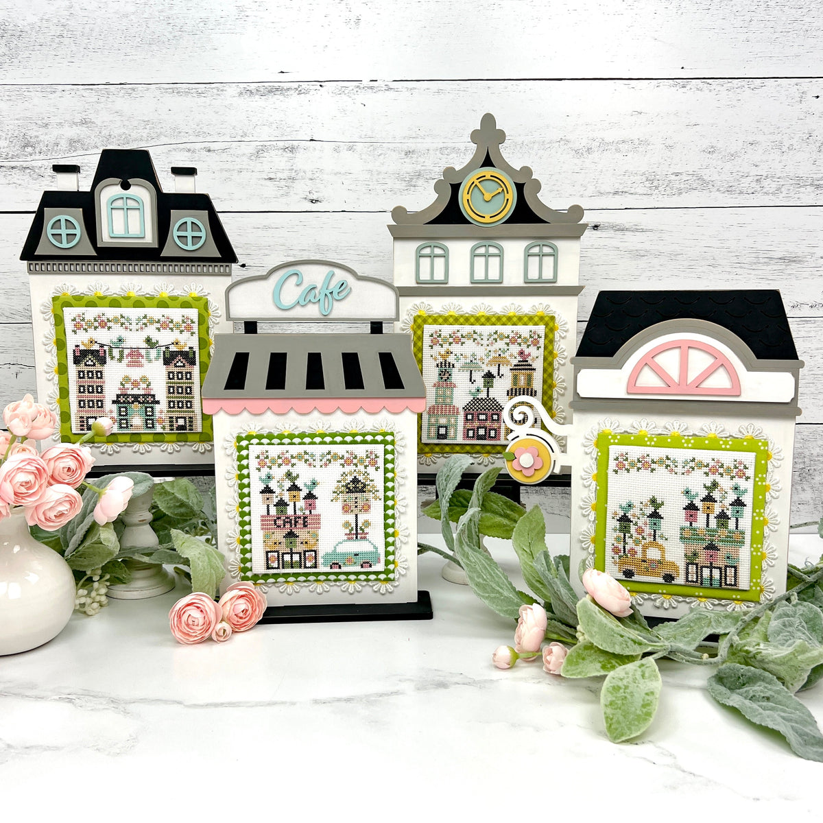 FOUR Spring City Houses -BUNDLE AND SAVE SET seasonal wood decor