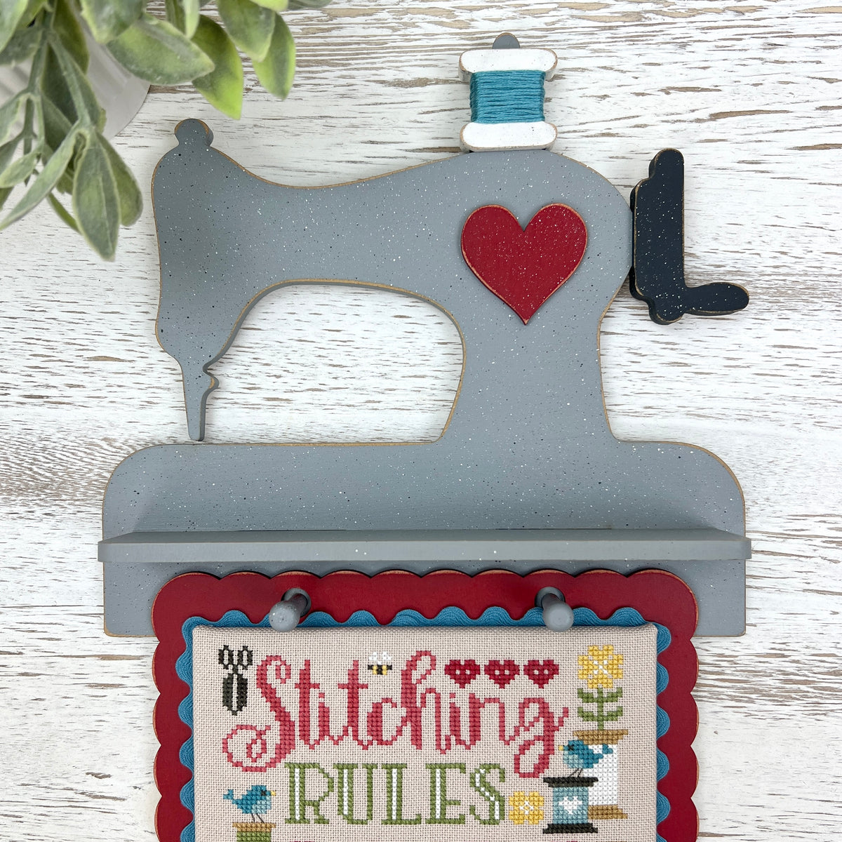 Sewing machine DIY wood cross stitch display with shelf and hanging pegs