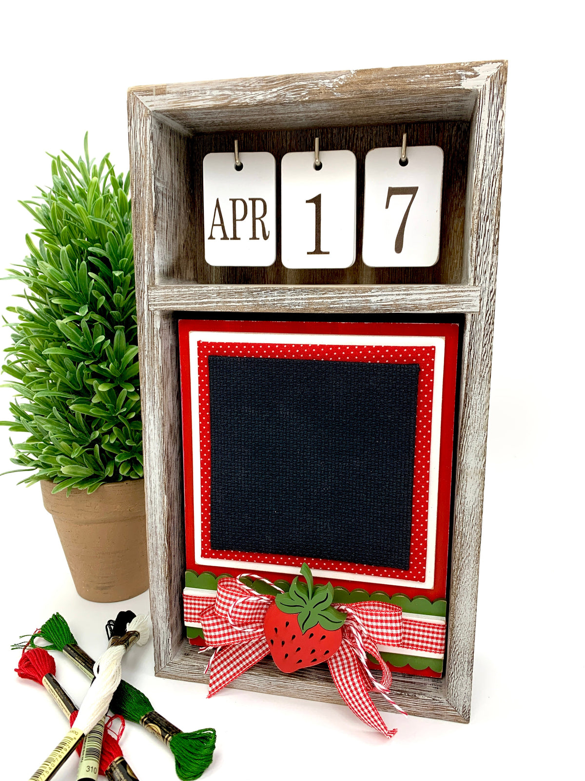 Strawberry cross stitch unfinished woood backer inside a seasonal calendar box