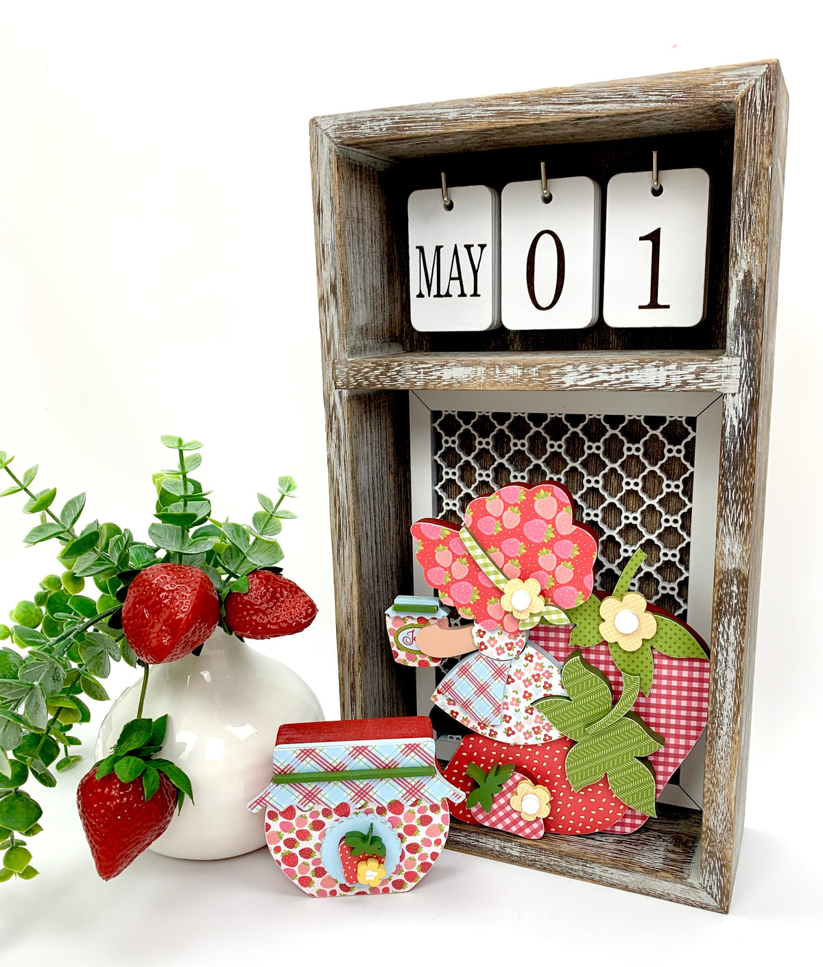 Strawberry girl and jam jar wood decor craft kit in a changing seasonal calendar box