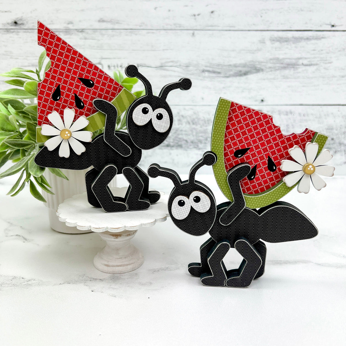 Cute wood ants carrying watermelon slices. Summer tiered tray decor. Watermelon wood decor. Summer DIY crafting kit.