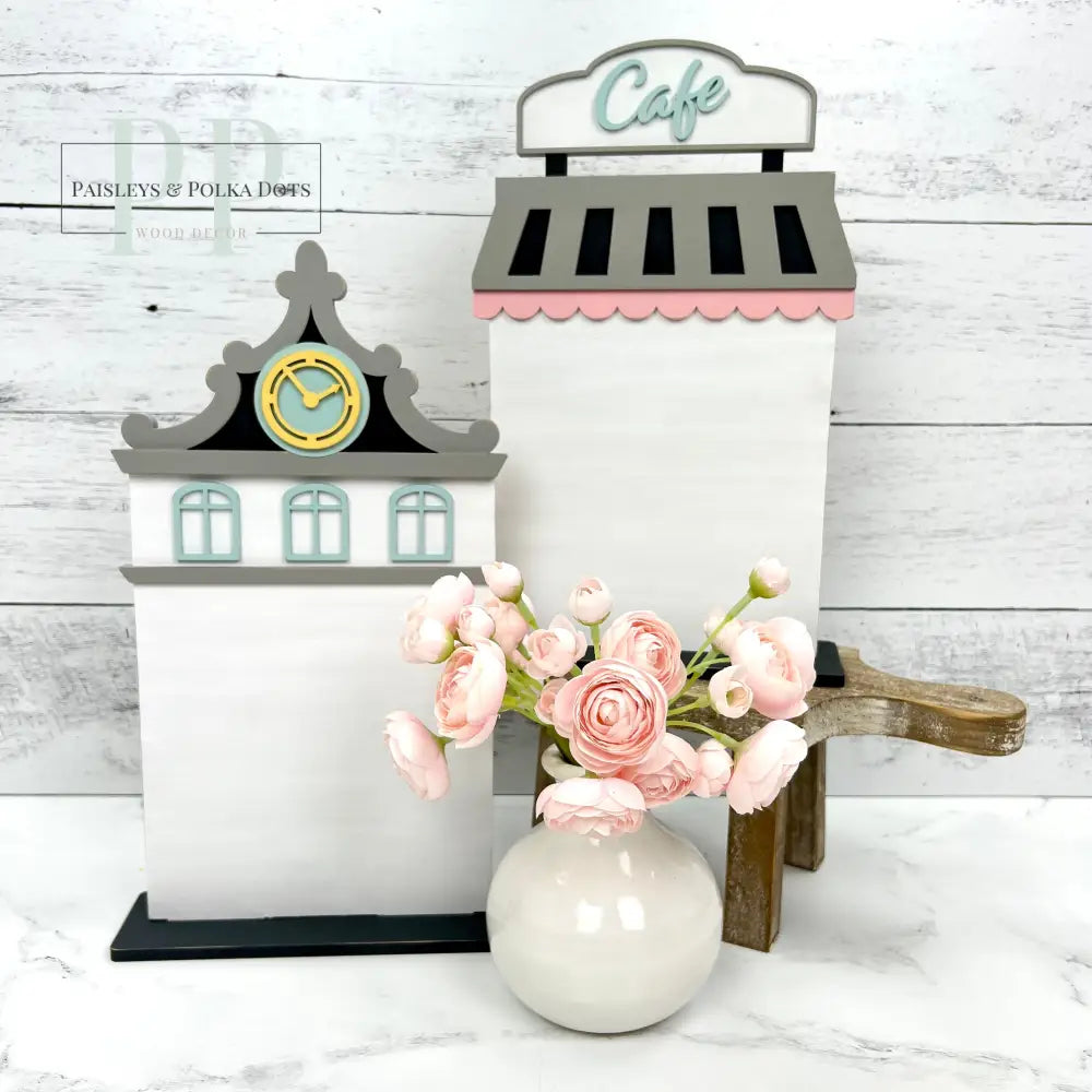 Clock tower and cafe city houses wood cross stitch displays