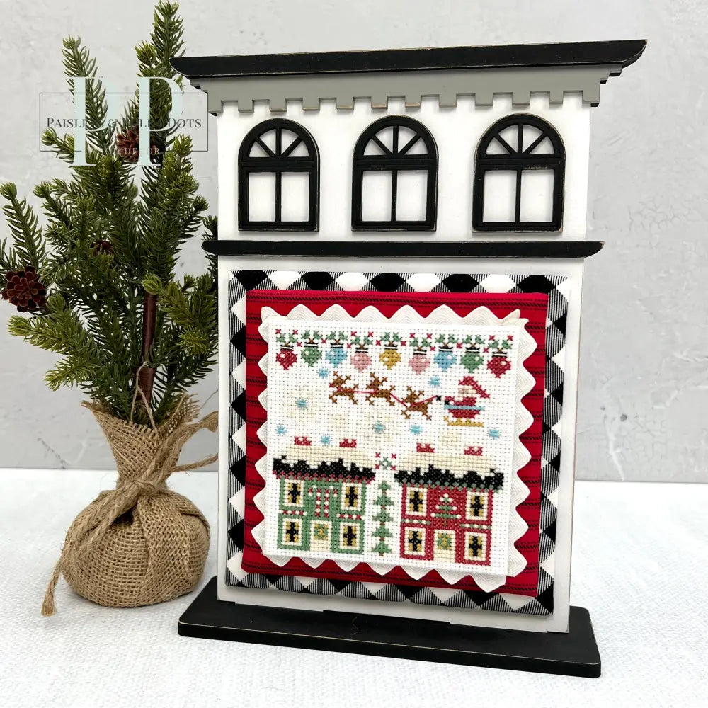 Wood city house for cross stitch display finishing. Stitching with the Housewives Christmas Dapper Dodads cross stitch.
