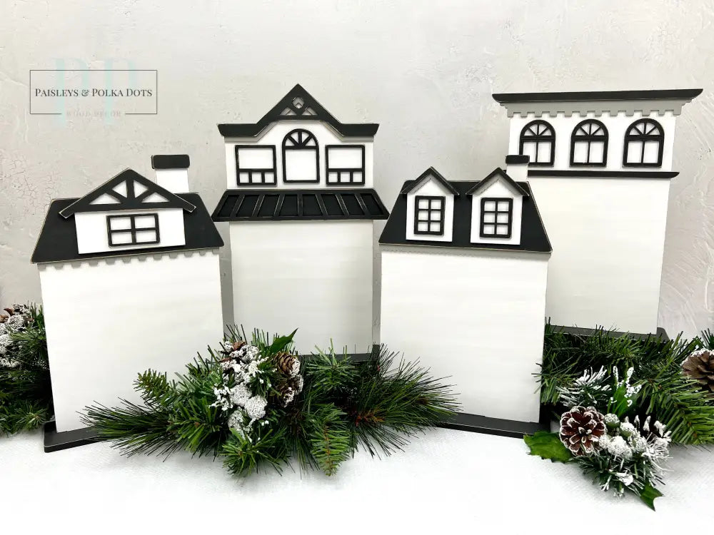 Wood Christmas city houses for displaying finished cross stitch pieces