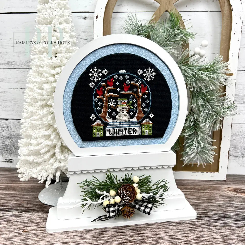 Snow globe wood cross stitch display backer for cross stitching and needlecrafts