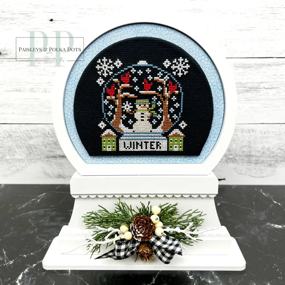 Snow globe wood cross stitch display backer for cross stitching and needlecrafts