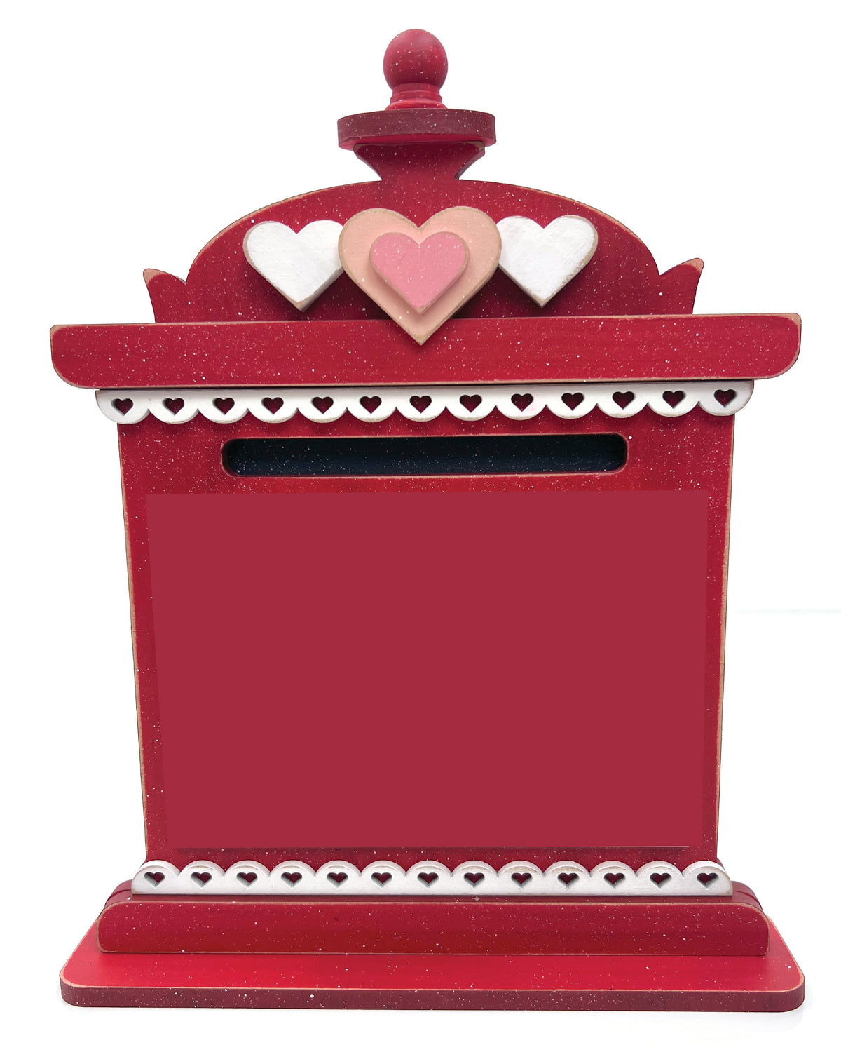 Red vintage mailbox cross stitch display stand with layered heart accents, designed to hold finished needlework and seasonal decor.