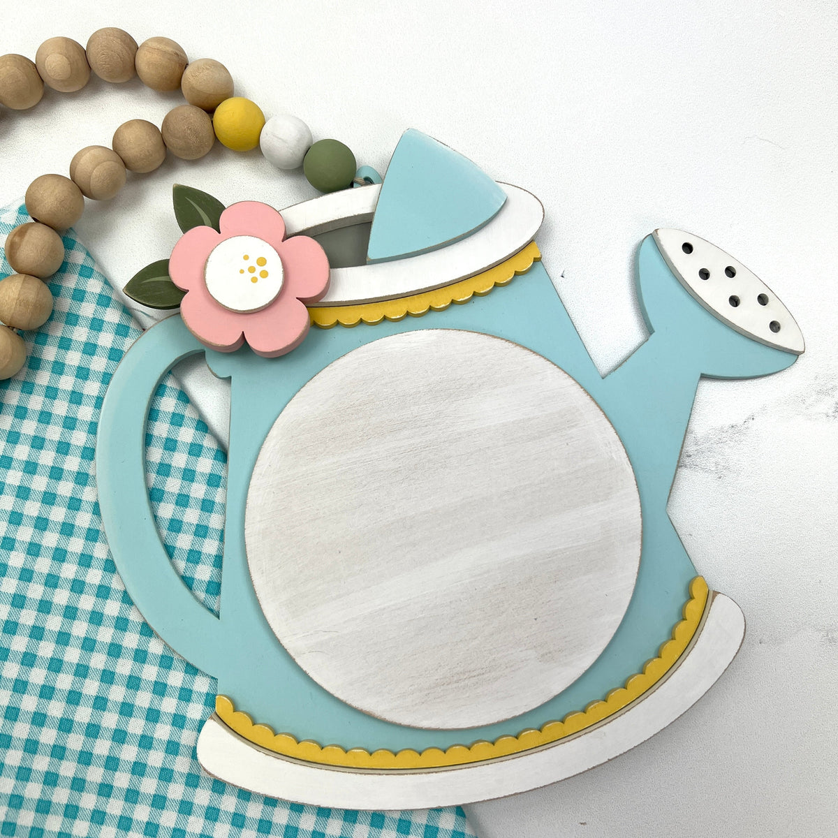 Spring blue Watering can Cross stitch beaded garland wood display backer