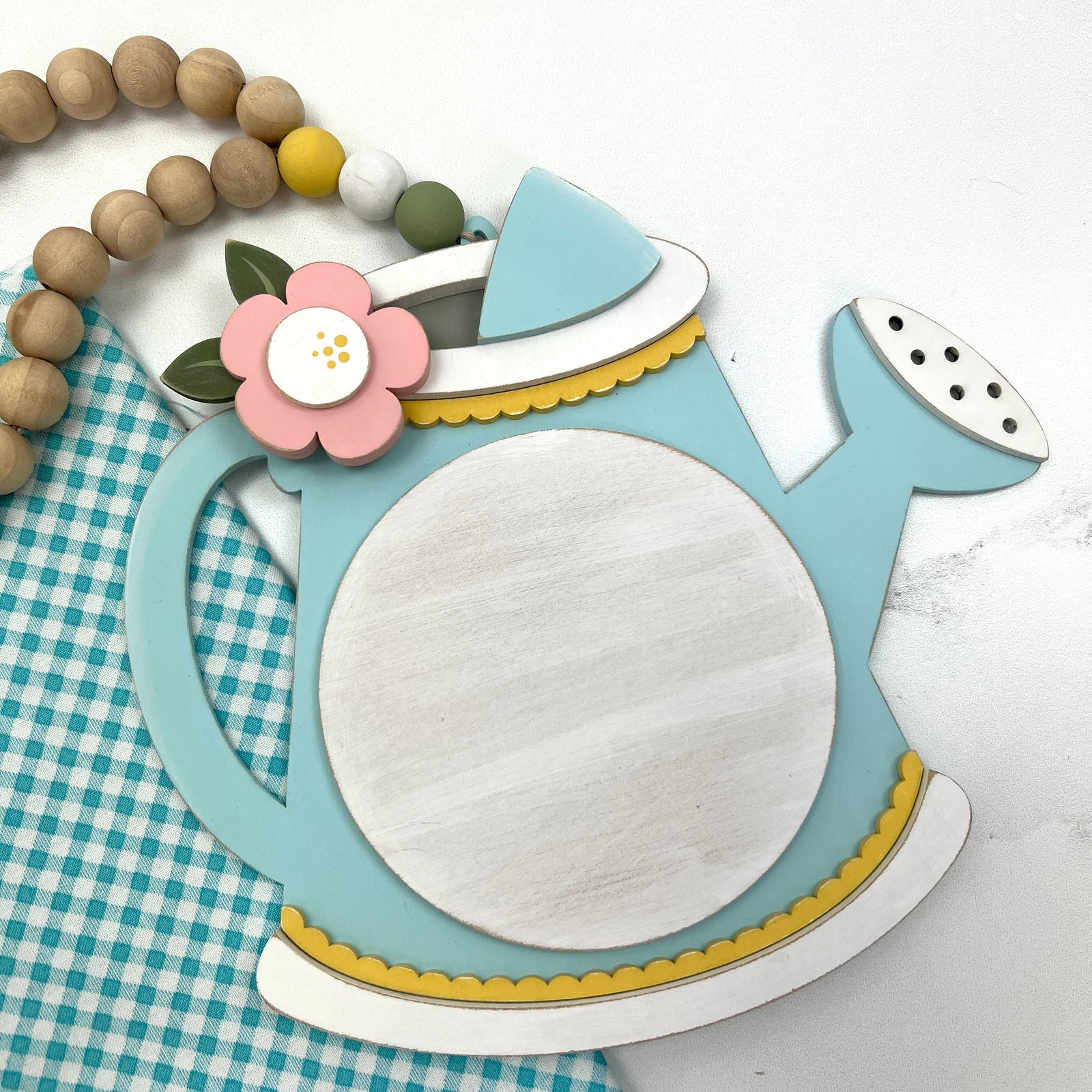 Spring blue Watering can Cross stitch beaded garland wood display backer