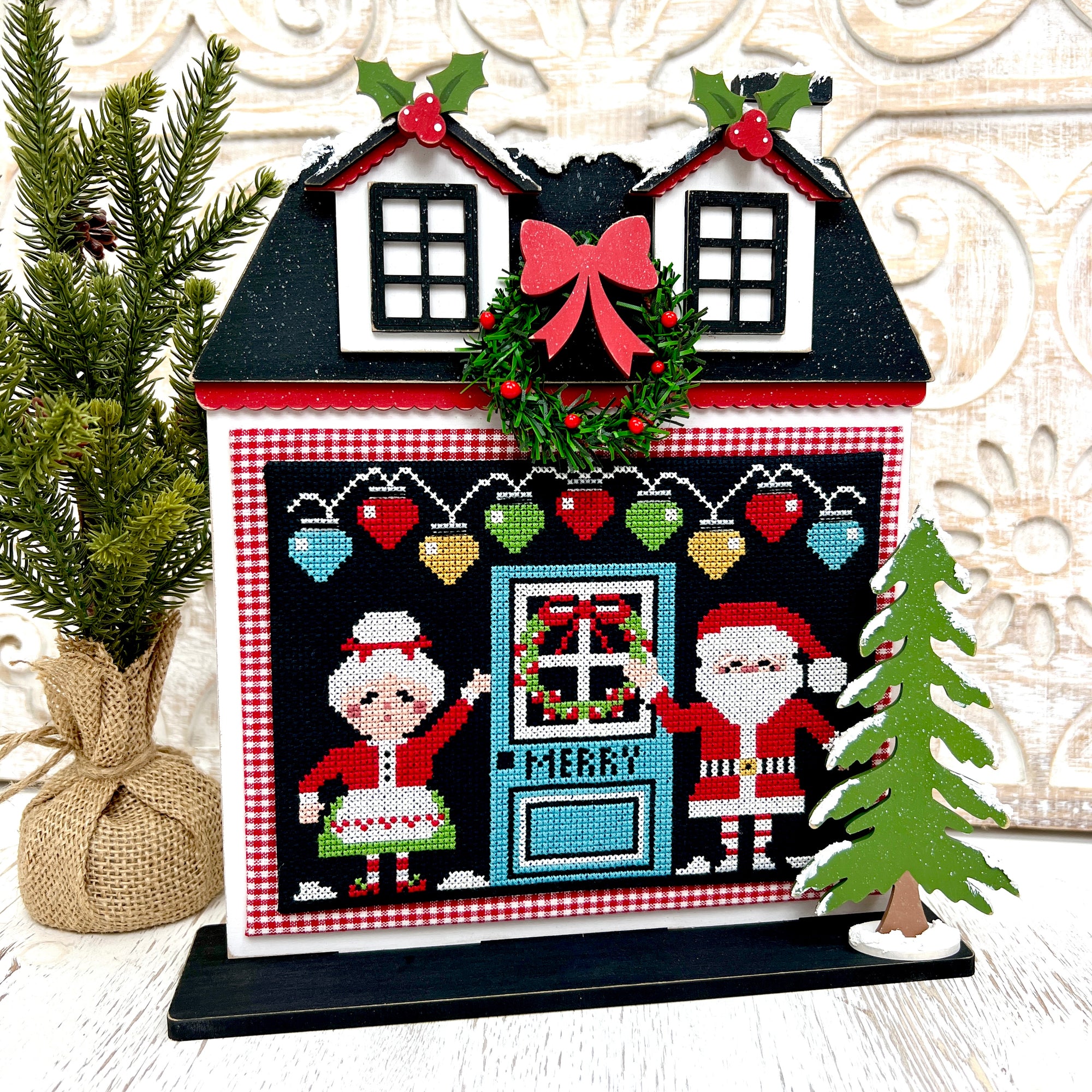 Christmas house wood cross stitch display backer. aDOORables cross stitch by Stitching with the Housewives
