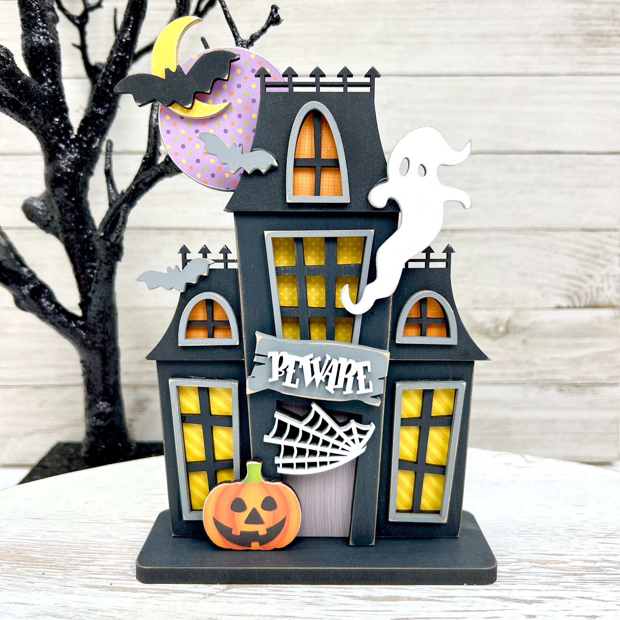 Beware haunted house wood decoration for halloween decorating shelves, mantels, and tiered trays