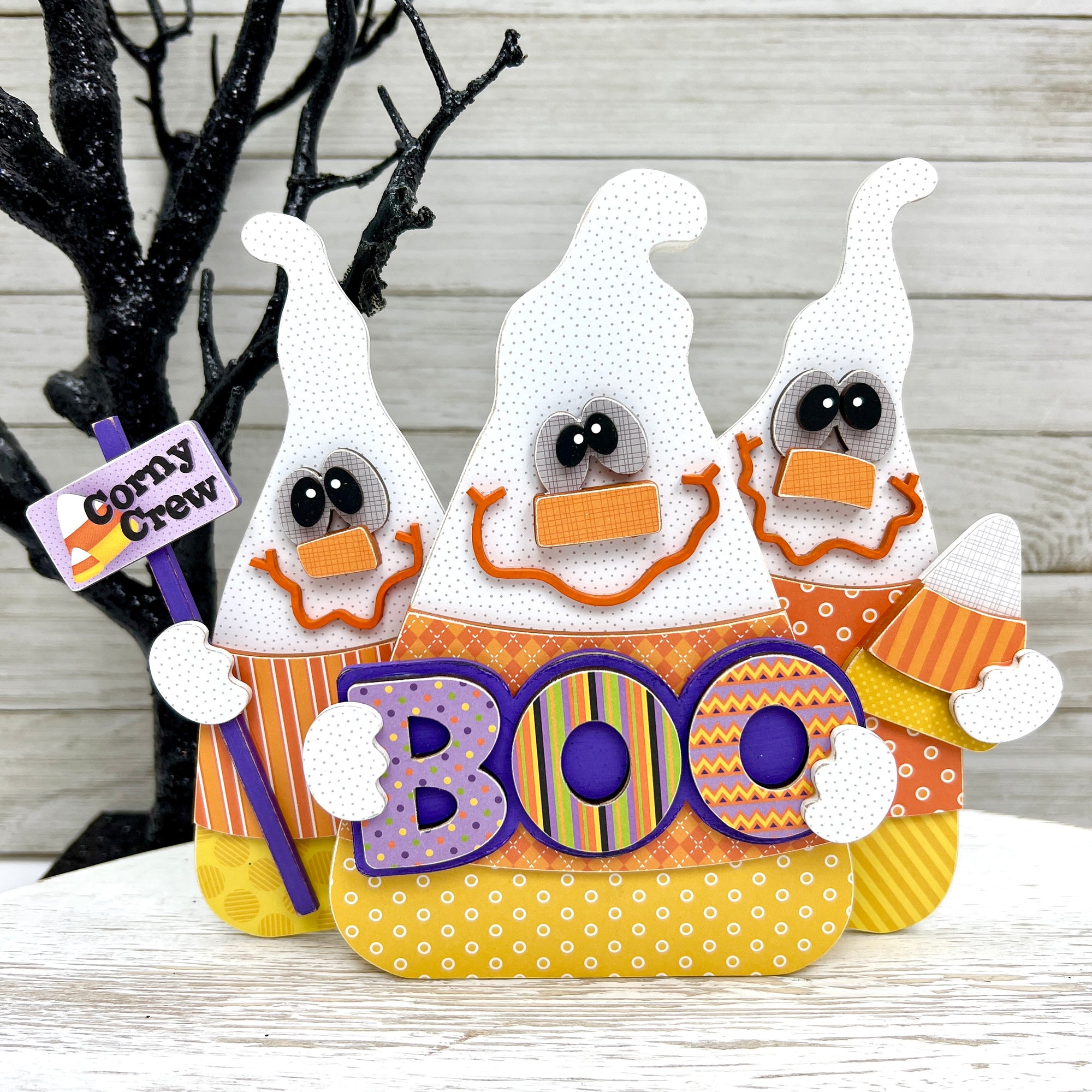 Boo crew set of 3 wood ghosts that look like candy corn.  Halloween wood decoration craft kit.
