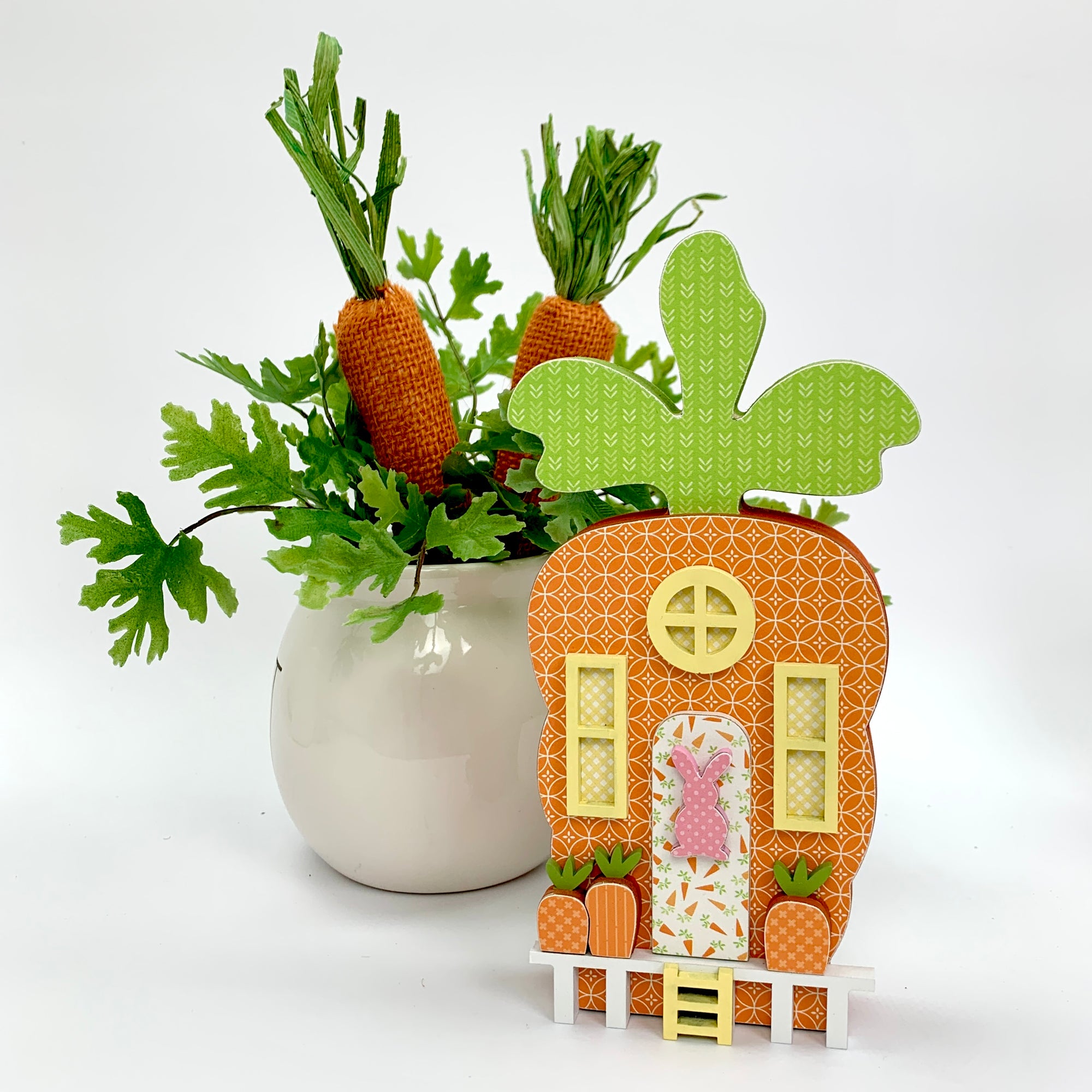 Carrot house wood decoration with burlap carrot in pot