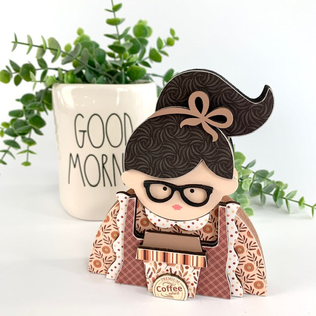 Coffee girl wood decor for decorating wood trays and tiered trays.  Coffee barista girl holding a latte coffee cup. Wood decor craft kit.  