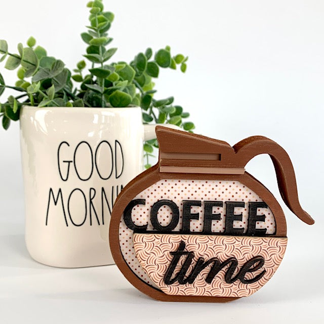 Coffee pot wood decoration with coffee time title.  Coffee themed wood craft kit for decorating trays, coffee bars, and tiered trays.
