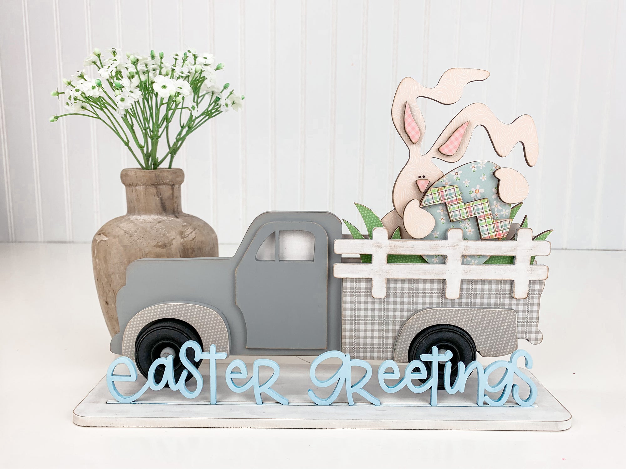 Wood truck with bunny and egg in the back of the truck, easter wood decor, Easter home decor crafts, Handmade home decor.