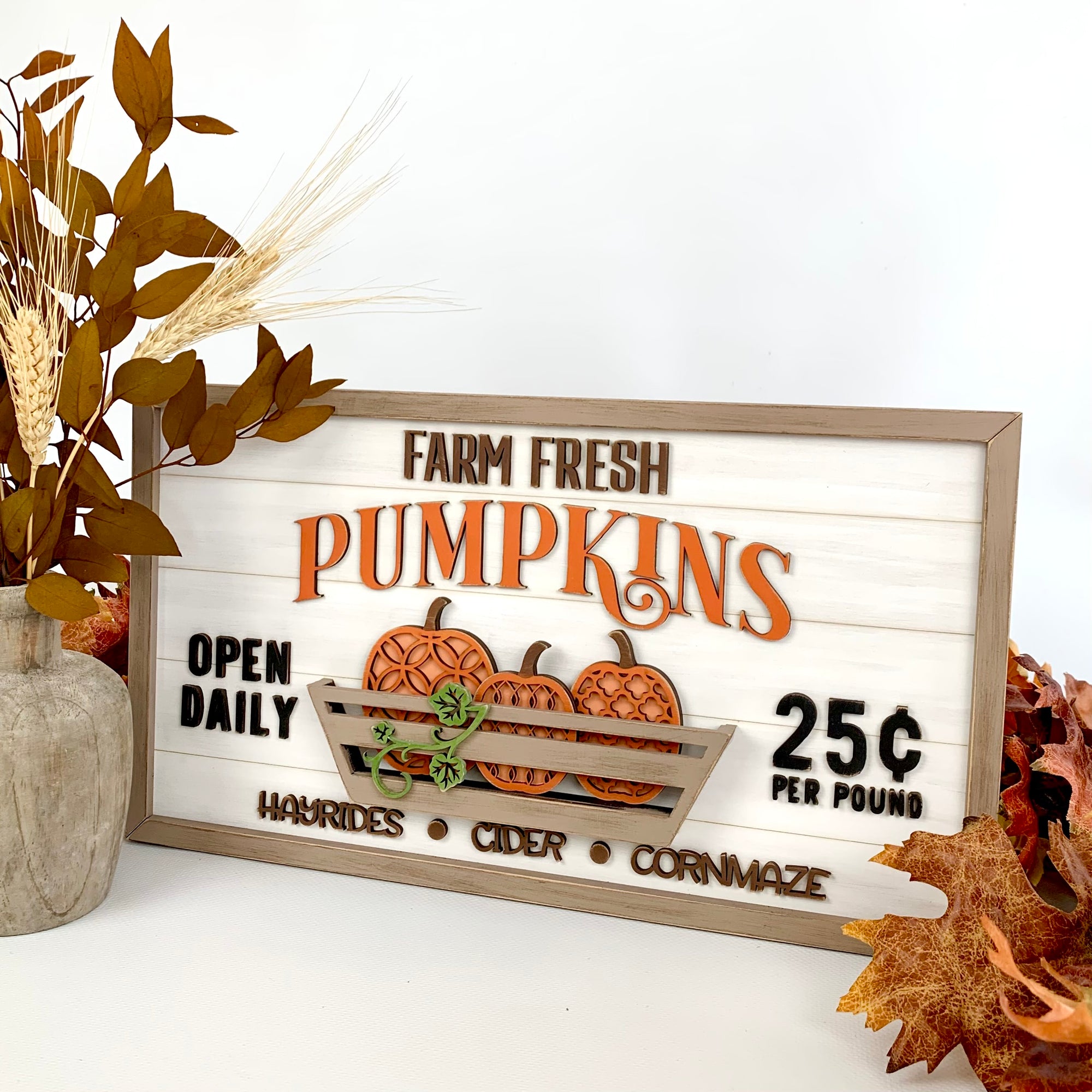 Fresh Pumkins wood shiplap sign decoration for a mantel, countertop, or shelf. Sign with pumpkins in a basket. Farm fresh pumpkins wood sign for fall decorating.