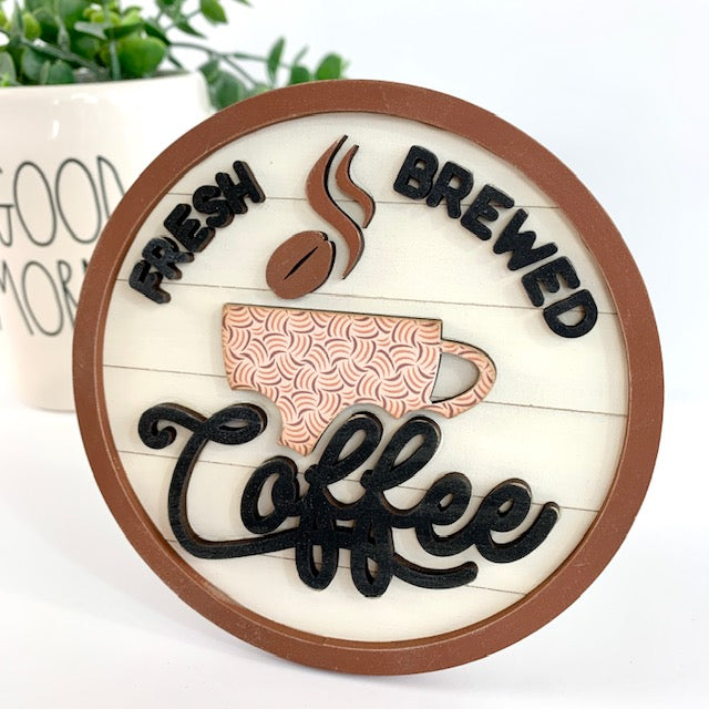 Fresh brewed coffee wood shiplap sign for tray and tiered tray decor.  Coffee bar decor sign.  
