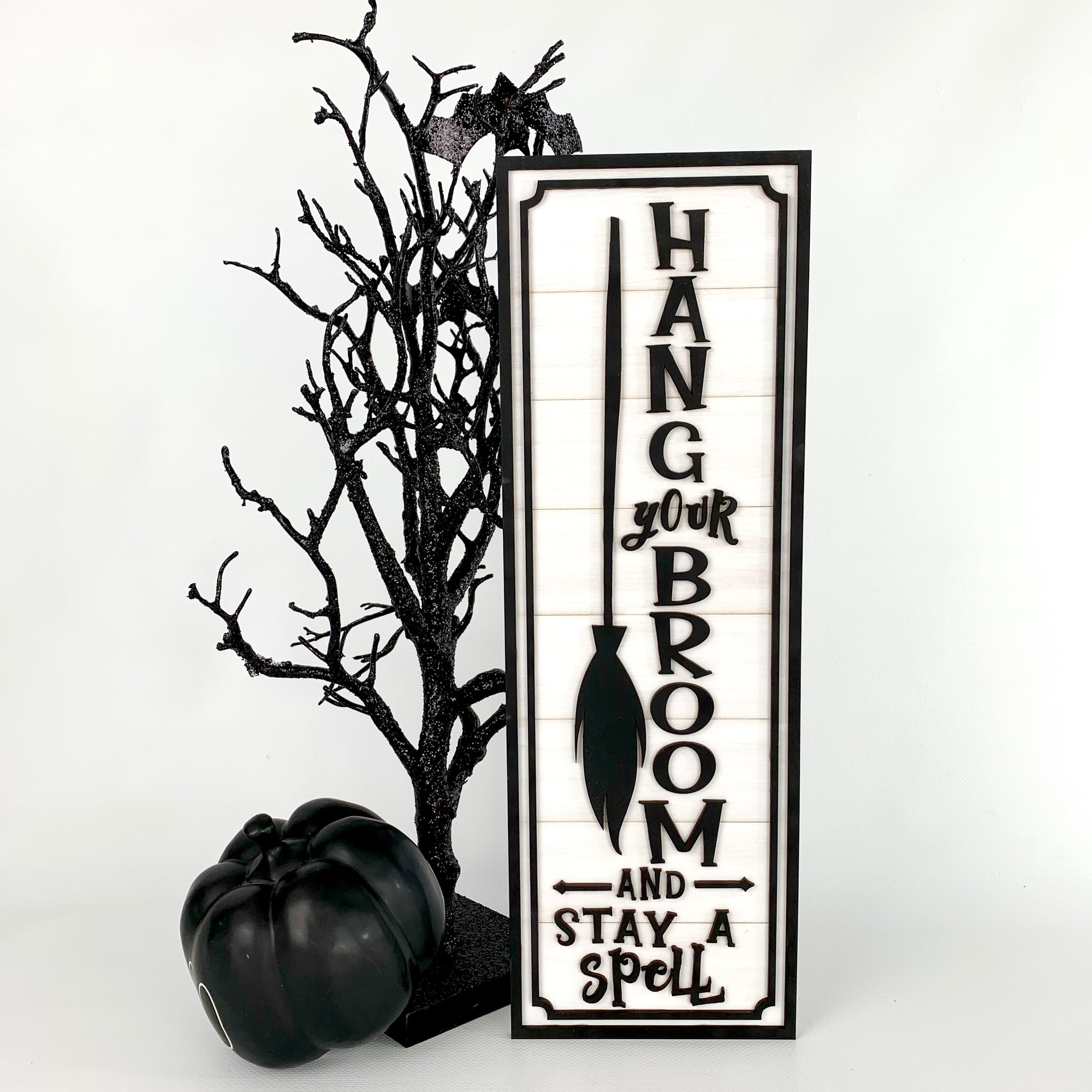 Black and white Halloween wood shiplap sign.  Wood craft kit to make a halloween 3D sign.  