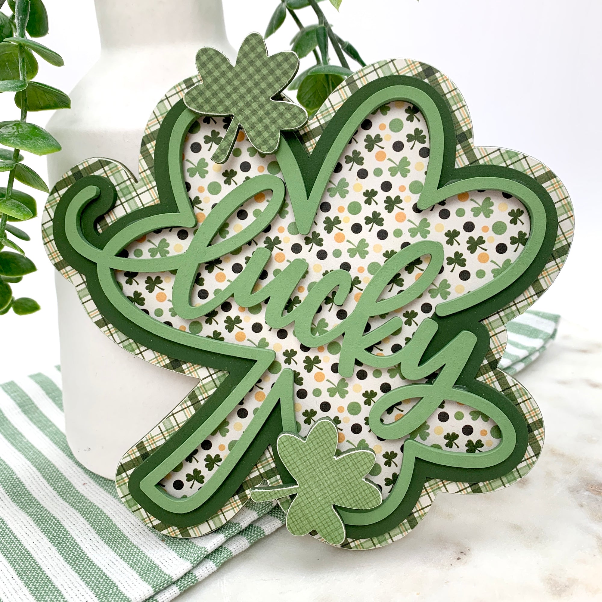 Wood St. Patrick's shamrock interchangeable porch welcome sign insert with the word lucky.