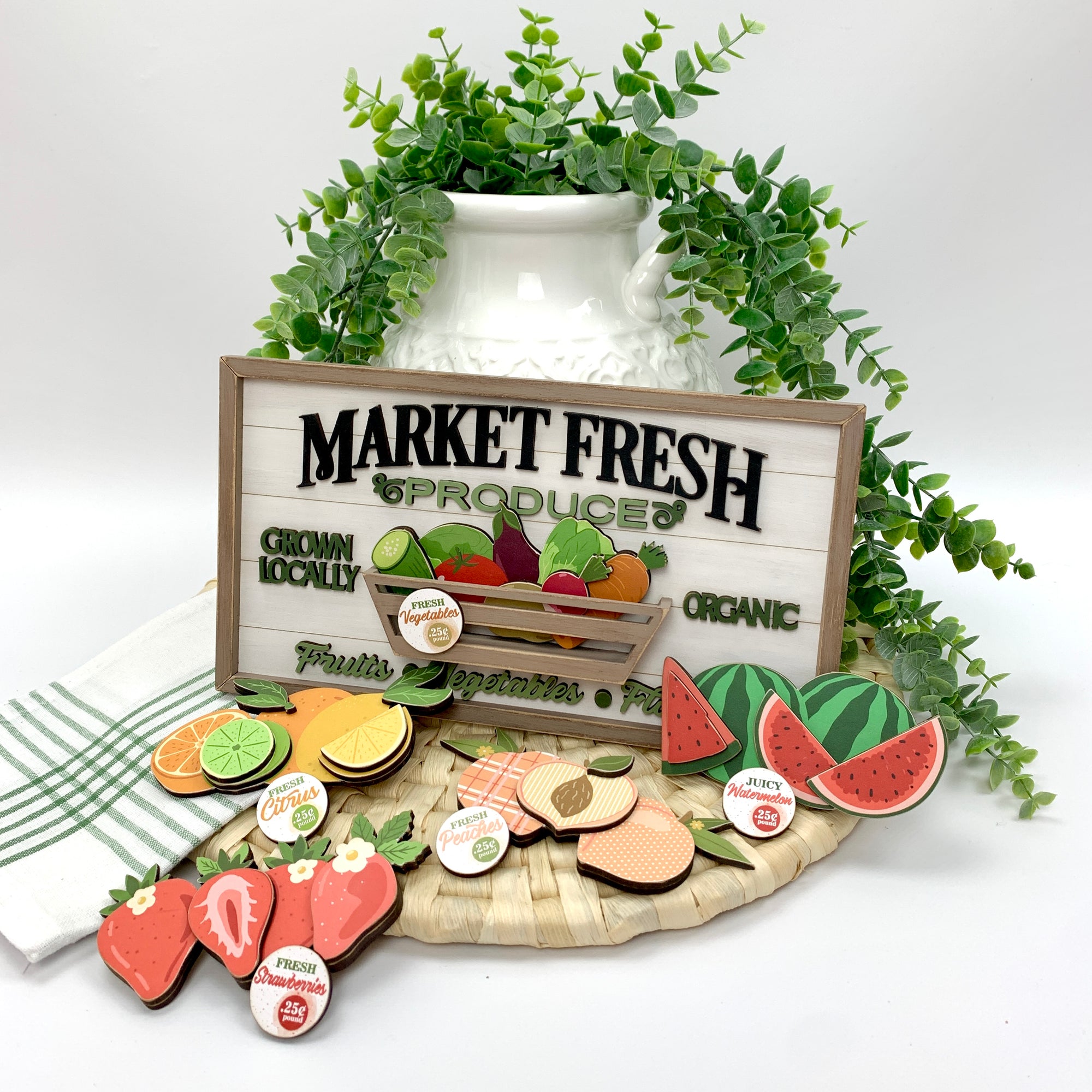 Market fresh produce wood shiplap sign with basket and changing fruit and vegetable inserts. 