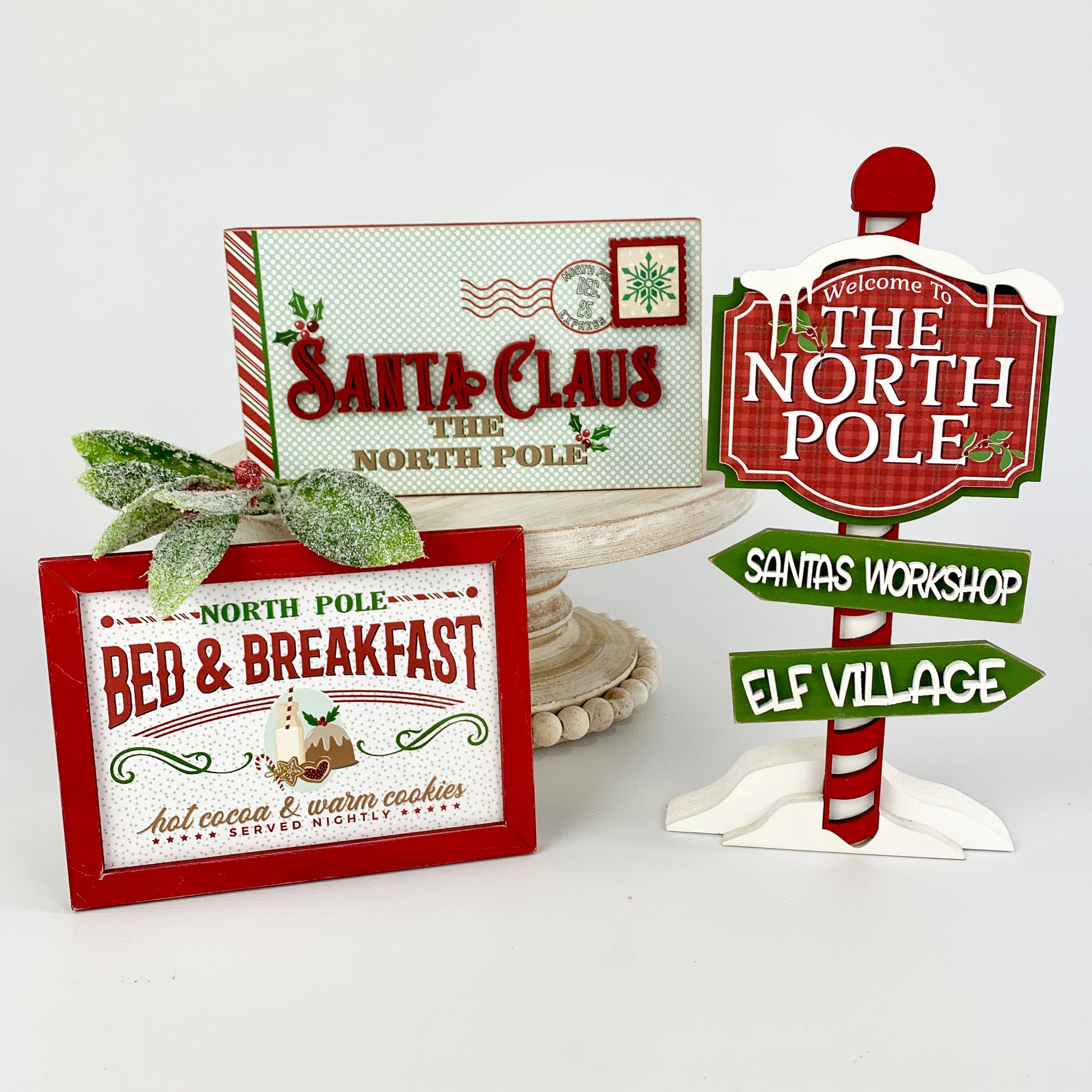 North Pole sign, letter to Santa, and North Pole Bed & Breakfast sign for styling tiered trays, decorative trays, and shelves.  Seasonal and Christmas wood decor kits and crafts. 