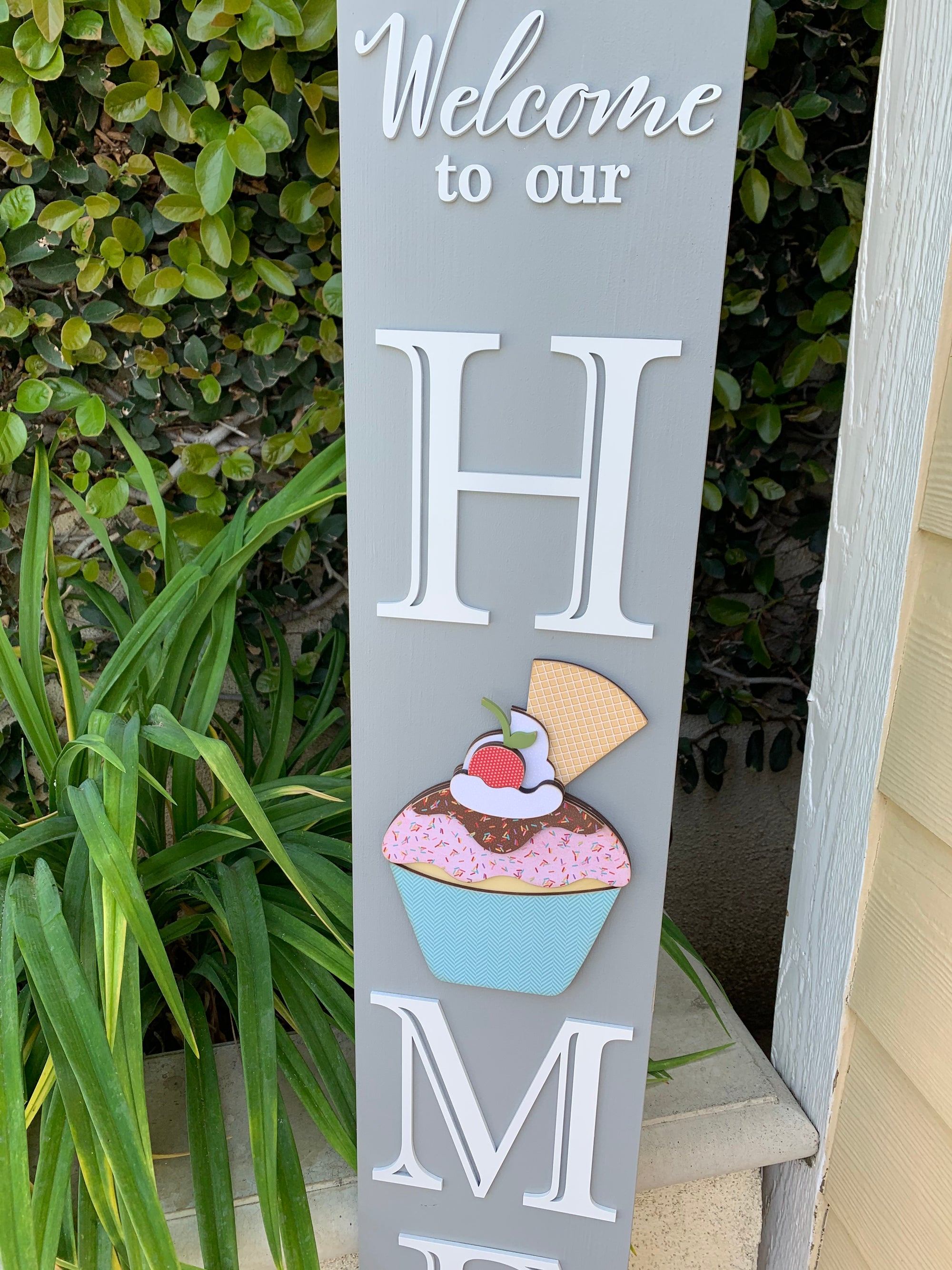 Tall porch welcome sign with changing seasonal pieces.  Birthday porch welcome sign. Welcome to our home porch sign. Changing porch sign.