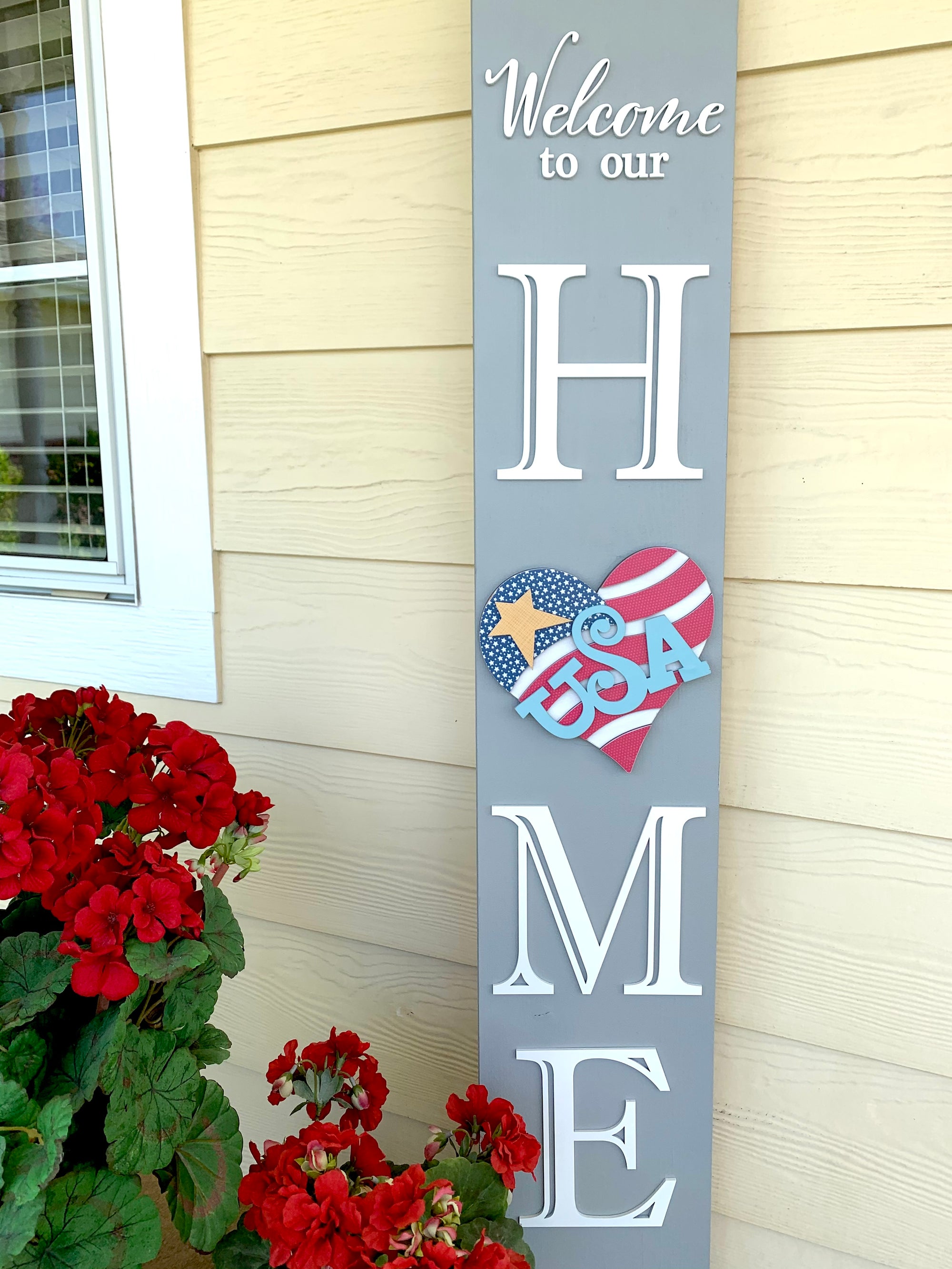 Tall porch welcome sign with interchangeable seasonal pieces