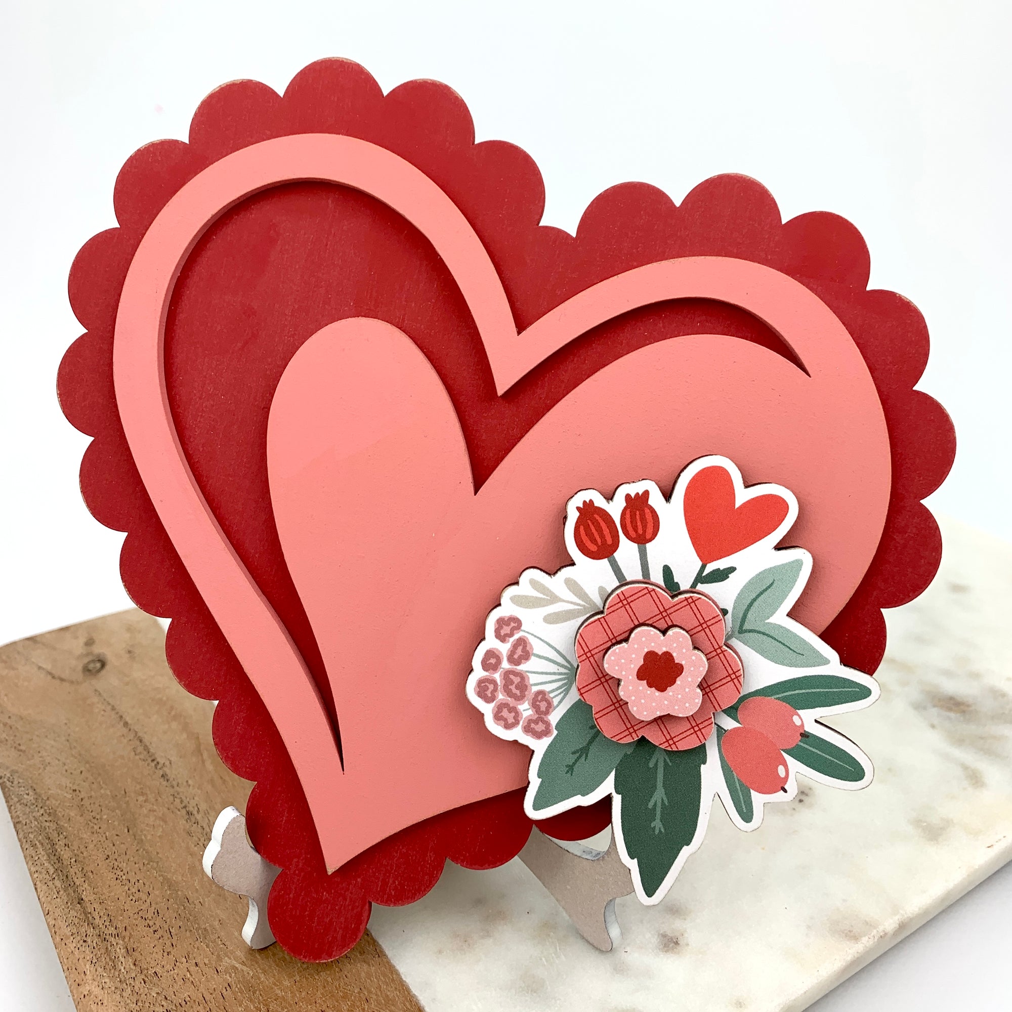 Red and pink layered scallop edged heart with flowers for seasonal porch welcome sign