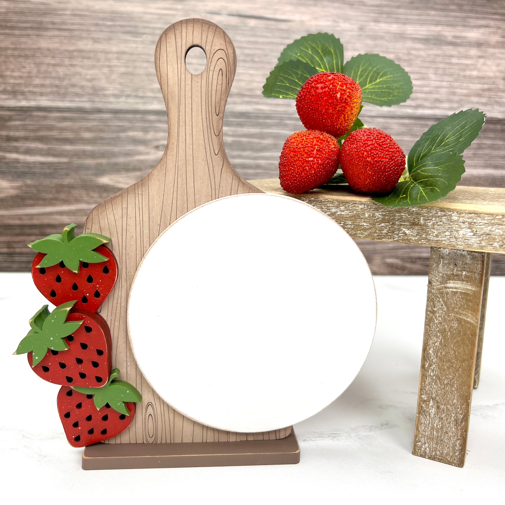 recipe board with stacked strawberries along the edge for cross stitch display