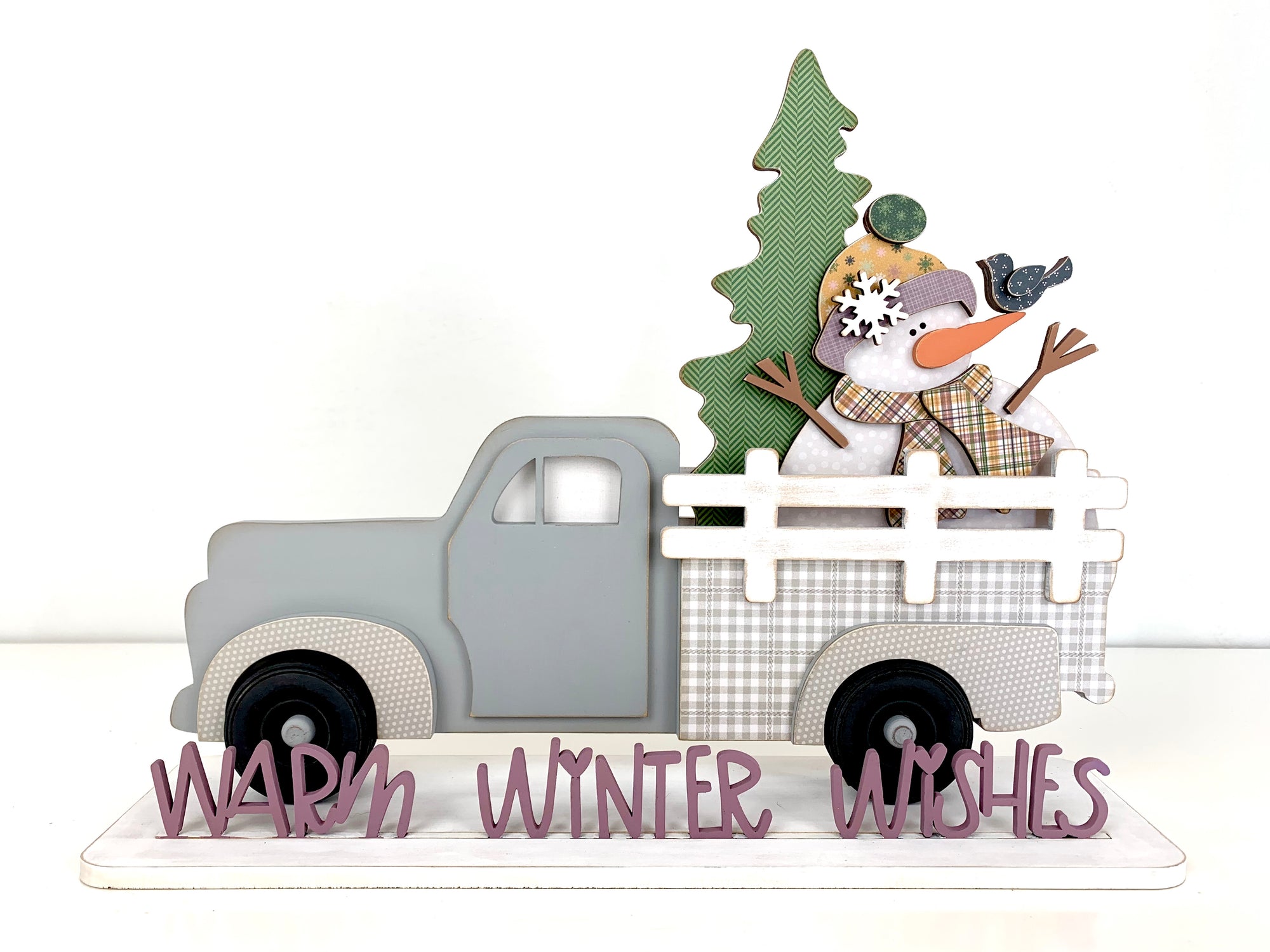 Vintage Farmhouse pick-up truck with interchangeable bed inserts.  Winter truck bed insert for interchangeable truck with snowman and tree 