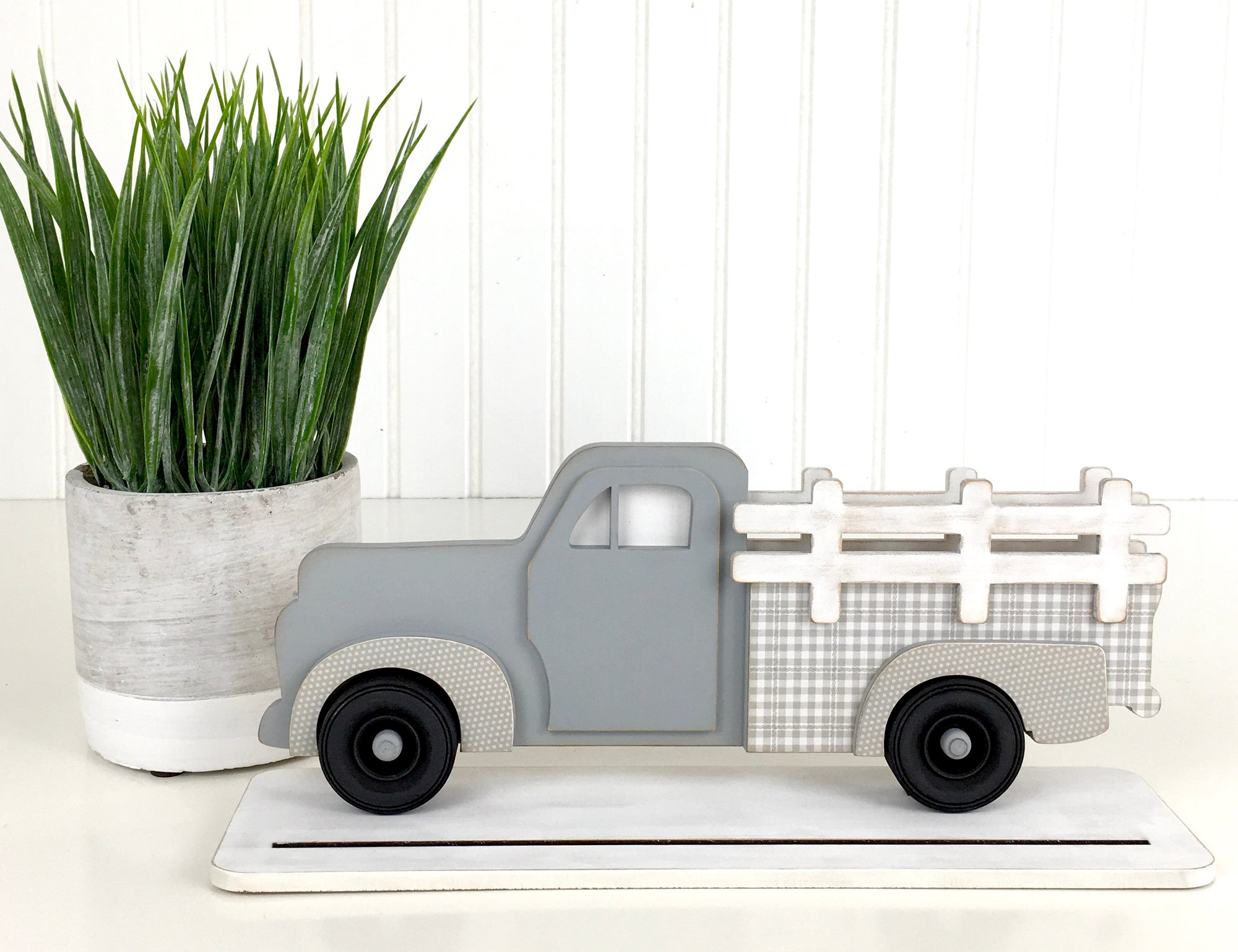 Wood vintage pick-up truck with interchangeable bed inserts.  Farmhouse pick-up truck wood decor.  