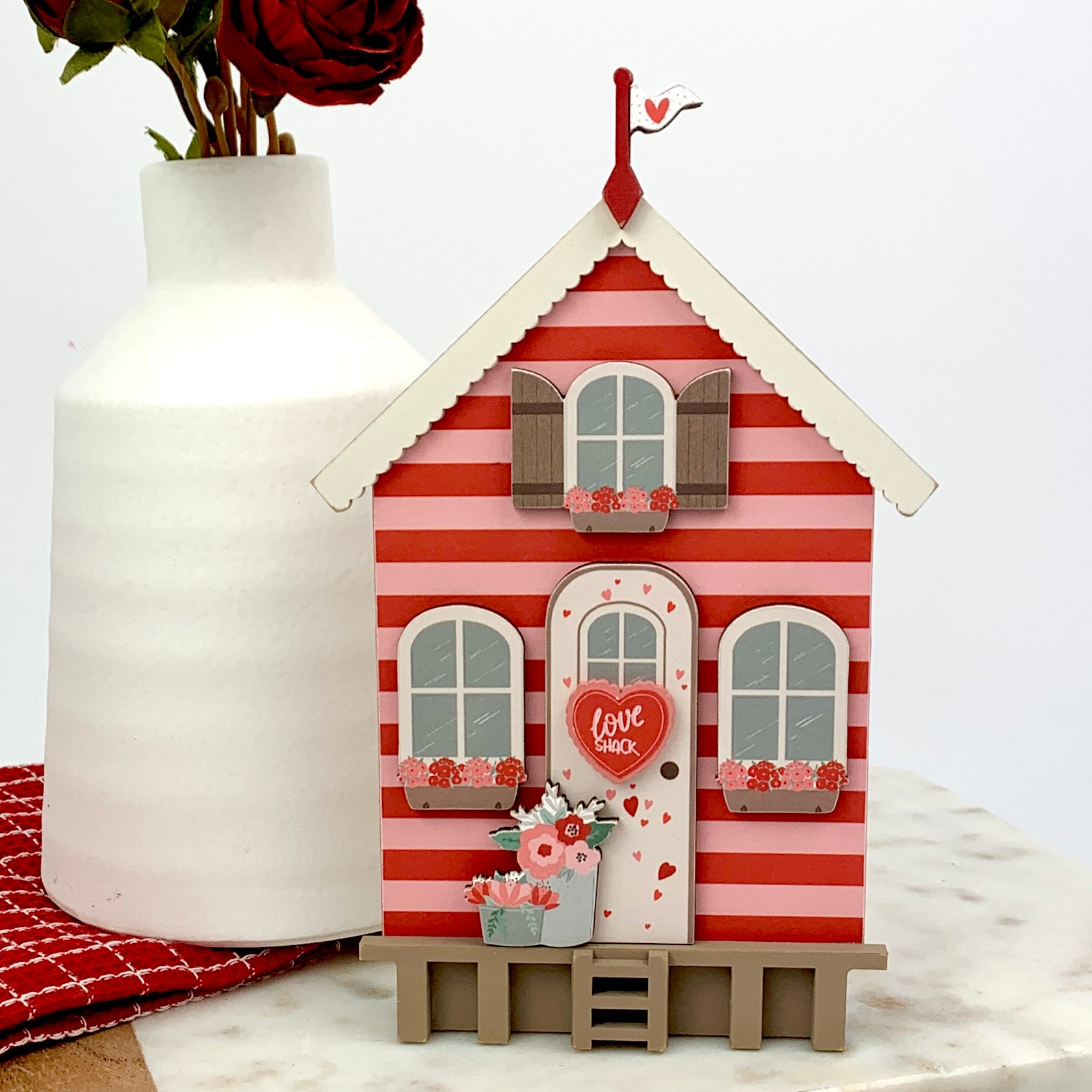 Valentine love shack wood decoration DIY craft kit.  Pink and red striped Valentine house