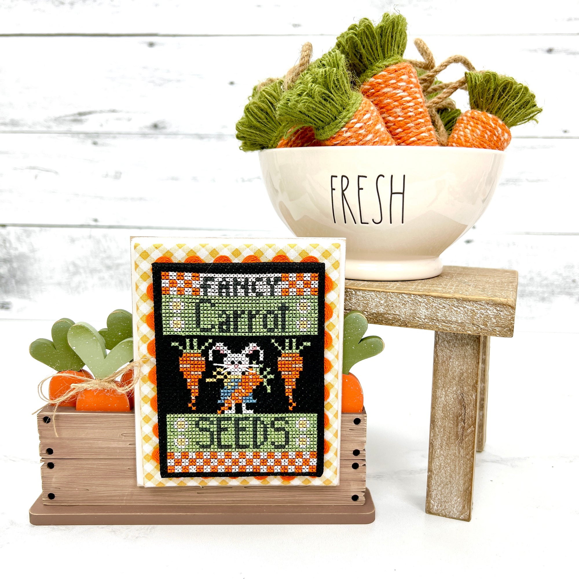Stitching with the housewives tiered tray tidbit carrot cross stitch with carrot crate frame
