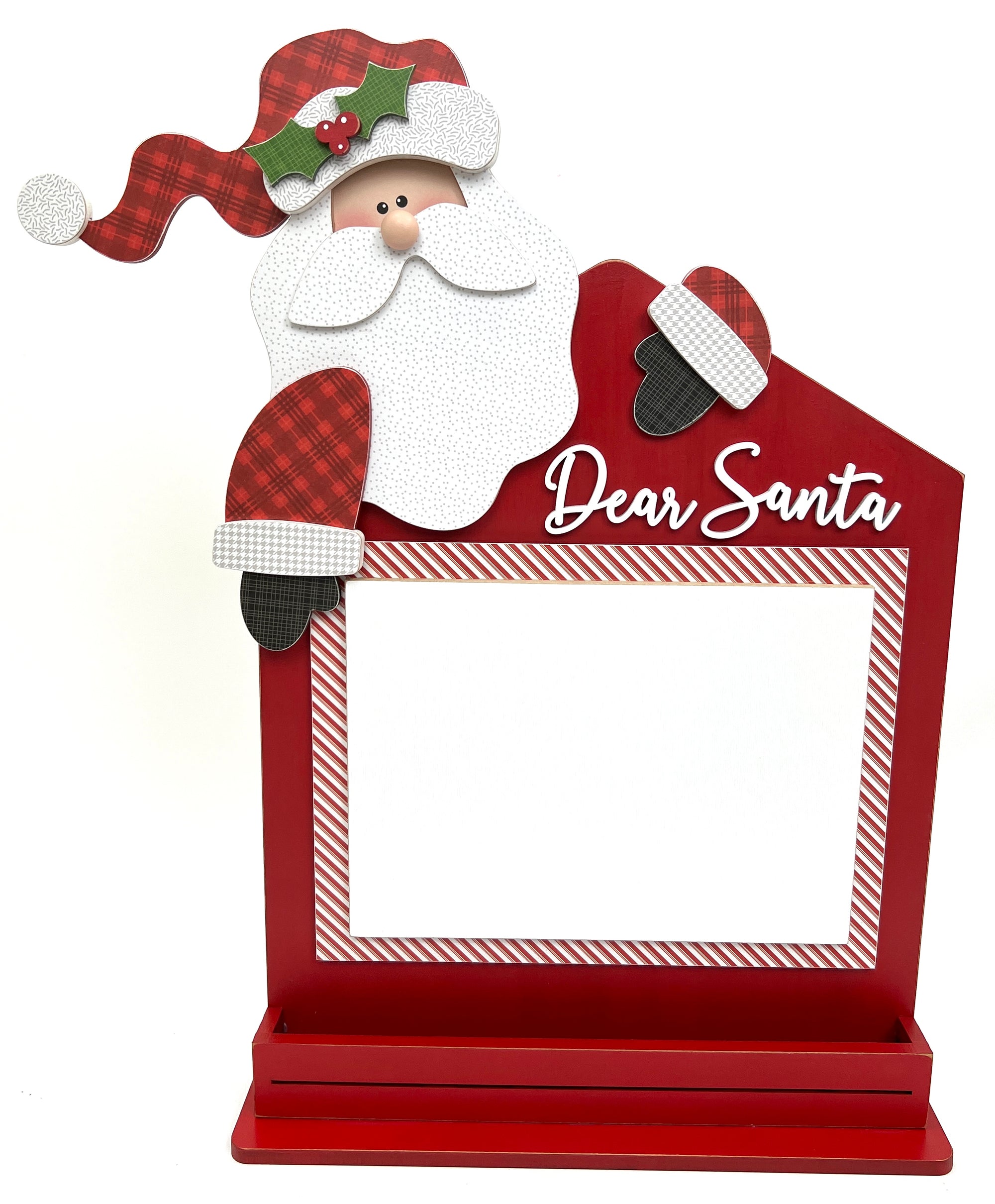 Letters to Santa dry erase board wood decor crafting kit. Santa on top of a letter with a dry erase board for kids to write letters to santa.
