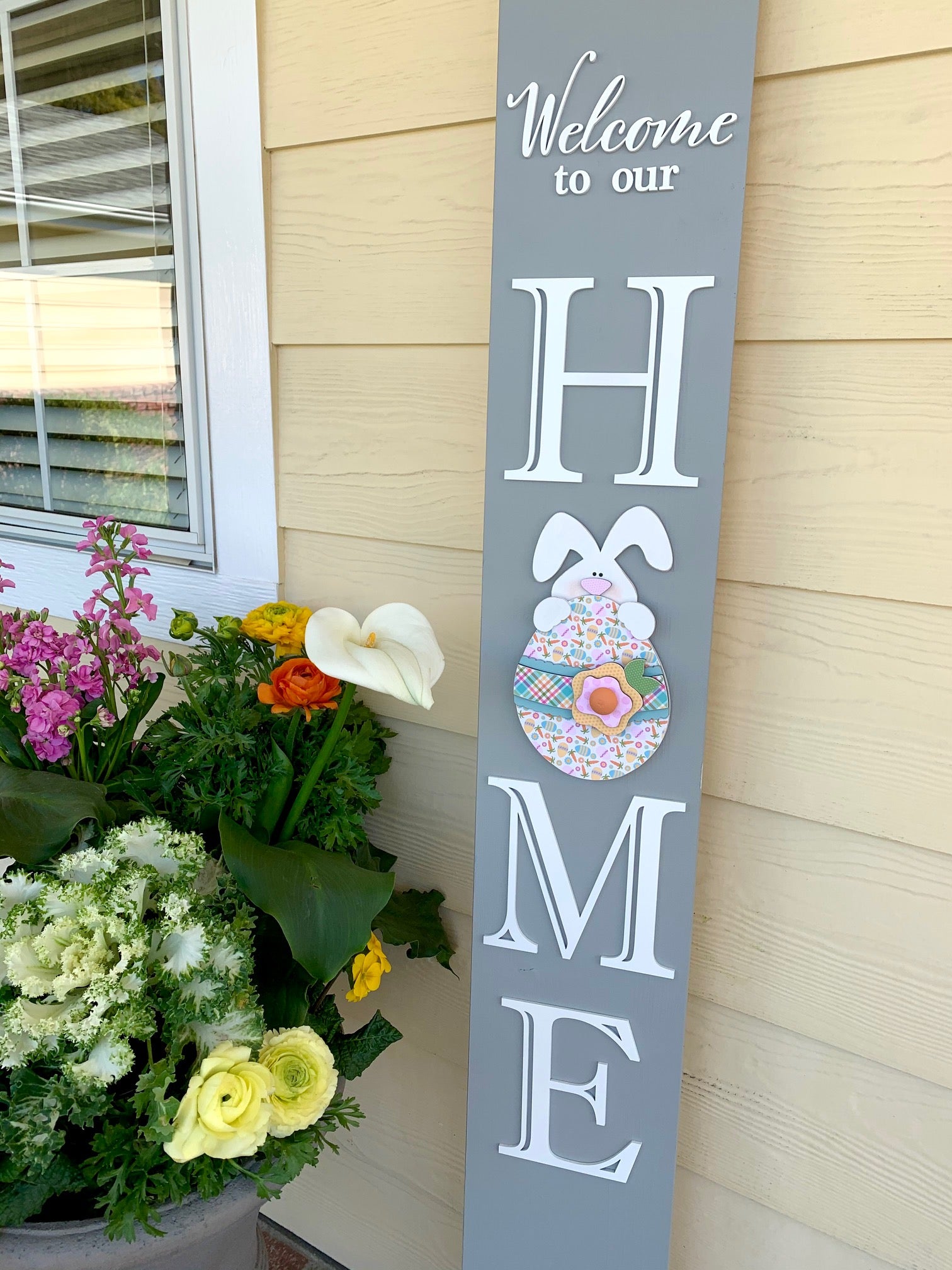 Welcome to our home porch sign with easter bunny holding an egg.  Changing porch welcome sign. Tall porch welcome board. Easter tall welcome porch sign