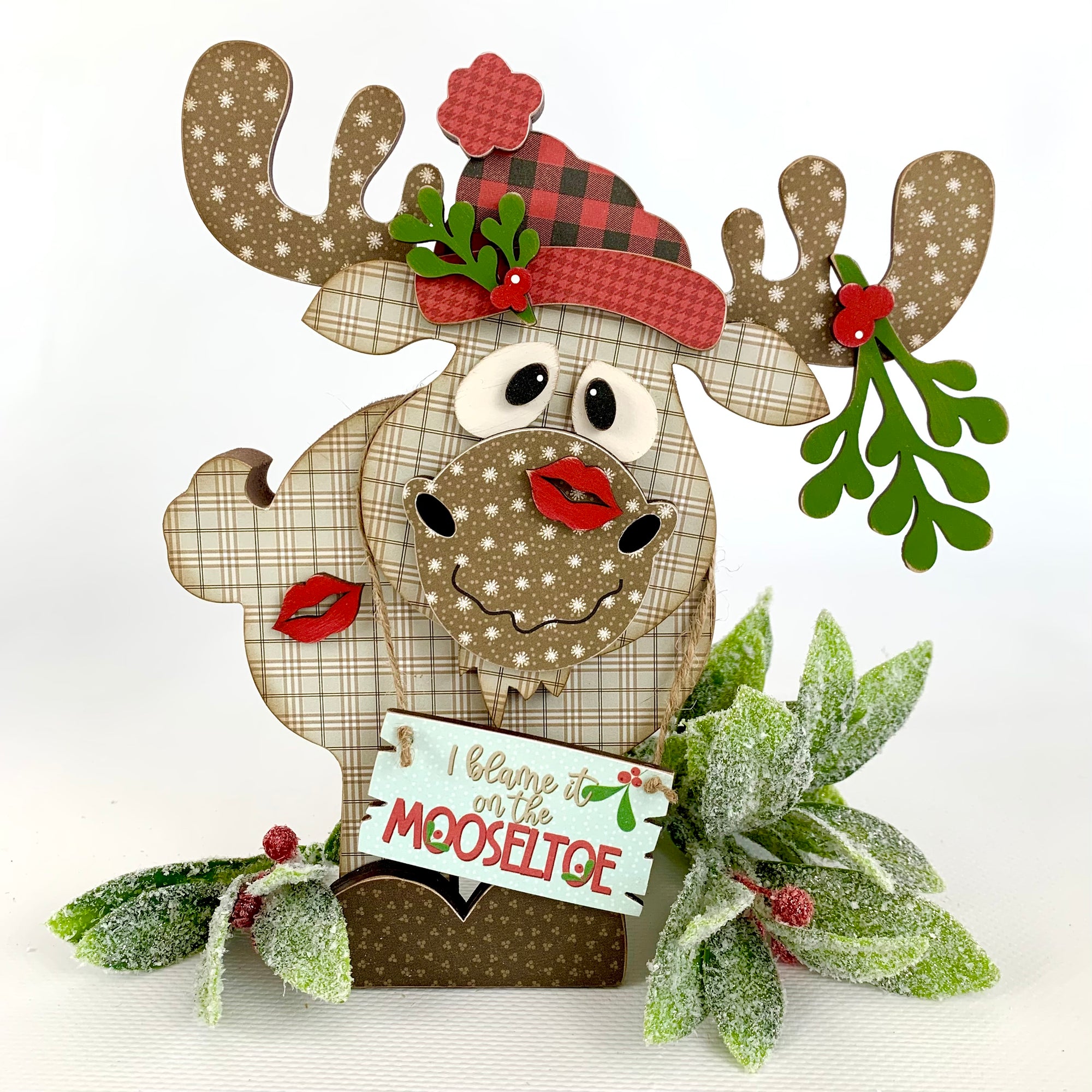 Christmas moose wood decor craft kit. Christmas moose with mistletoe on his antlers. Blame it on the Mooseltoe moose.
