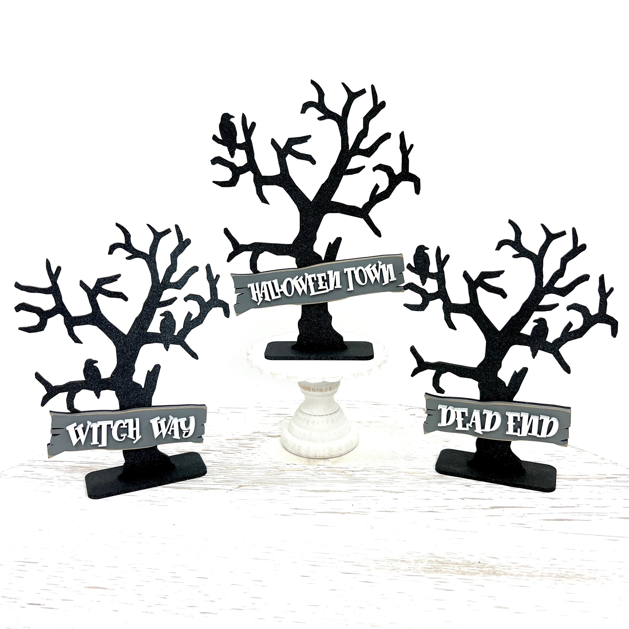 black spooky wood trees with street signs for Halloween decorations wood decor craft kit